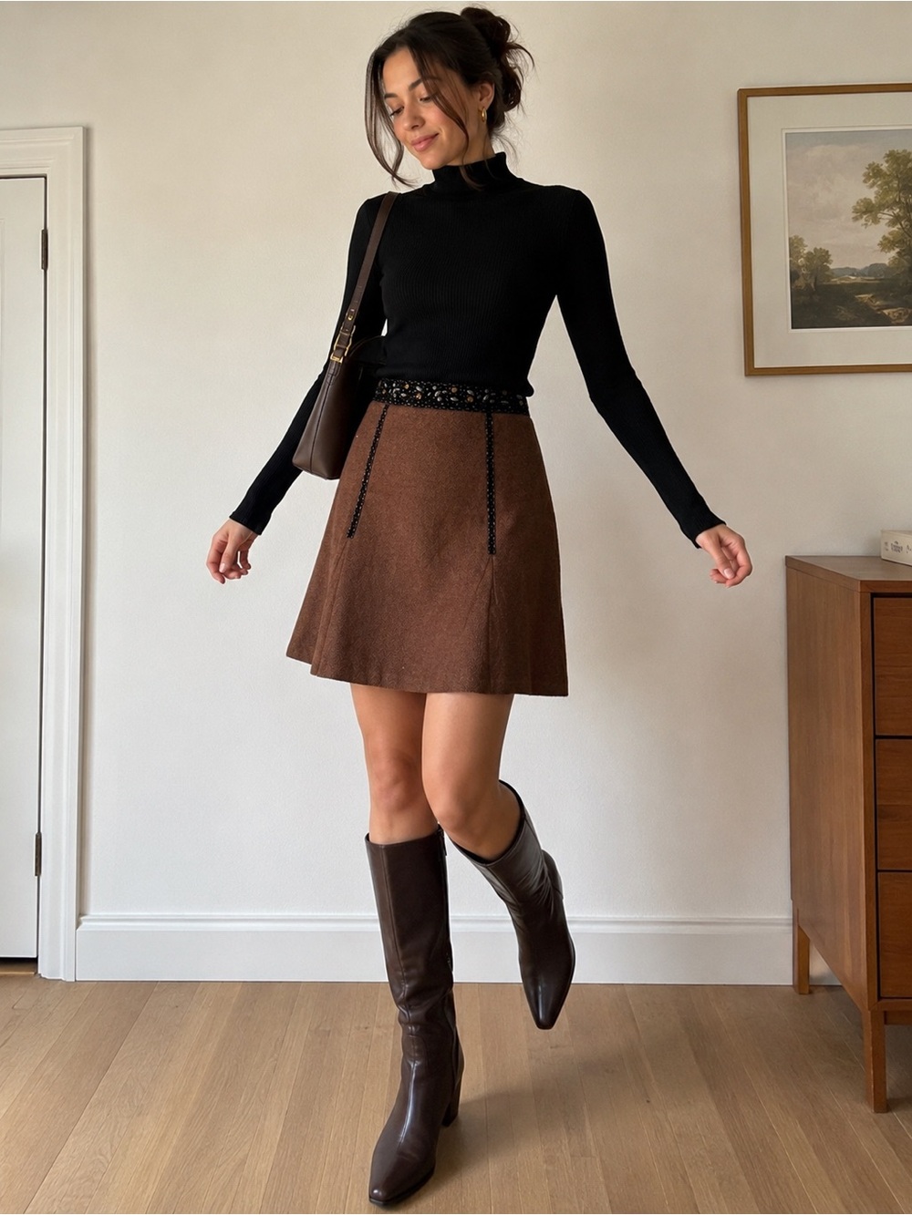 City DKNY Brown Wool Blend Skirt Beaded Waist Career Chic Size 4‎ Classic